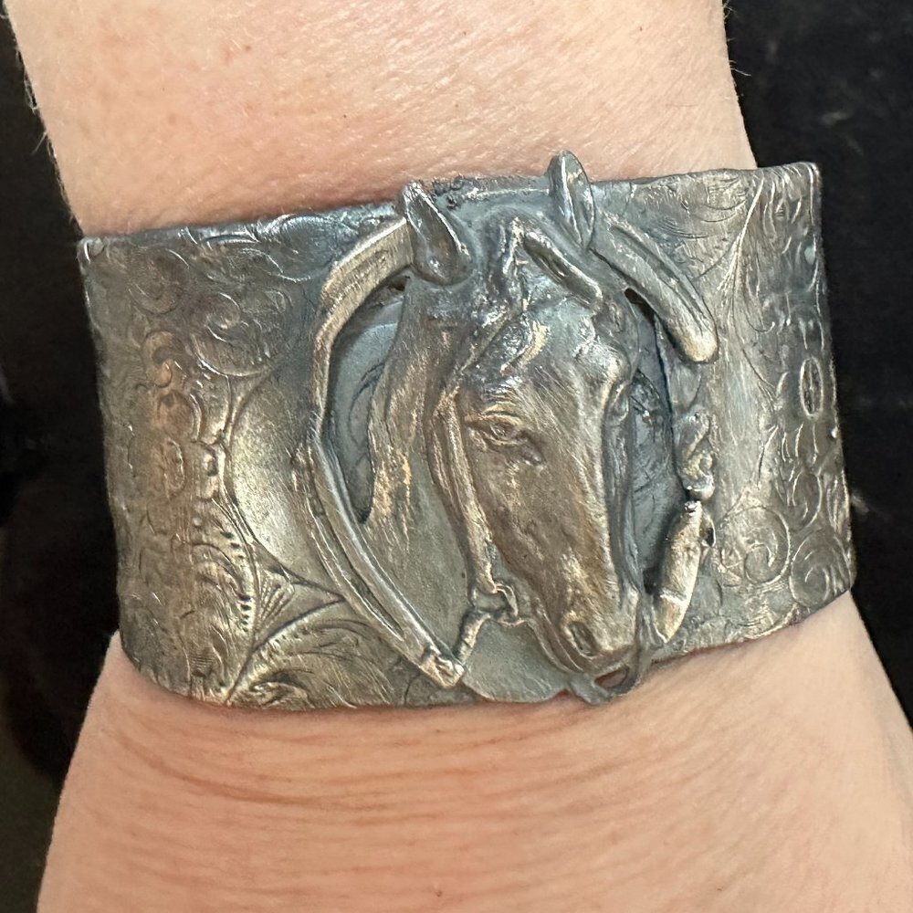 Horse Head Sterling Silver 925 Cuff Bracelet Victorian Floral Gorham Adjustable